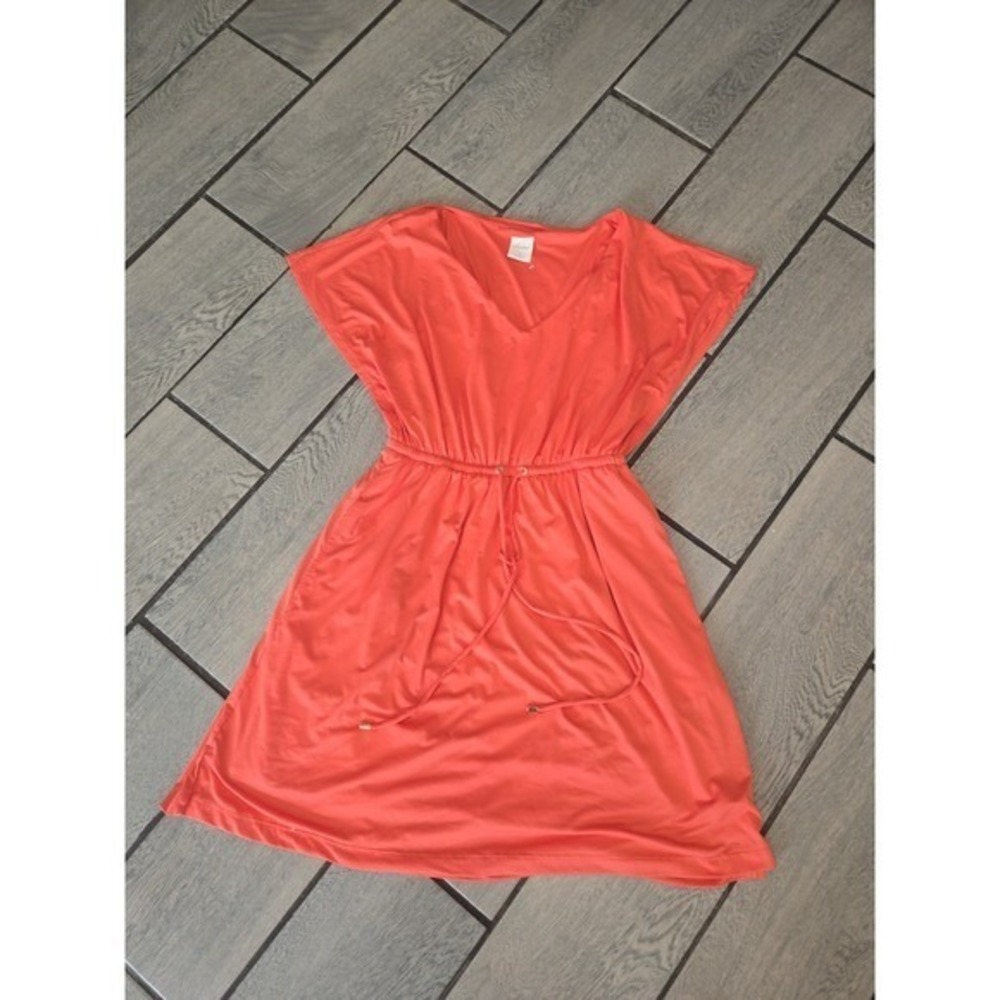 Soma Coral Orange V-Neck Drawstring Waist Knit Dress with Pockets Womens Small